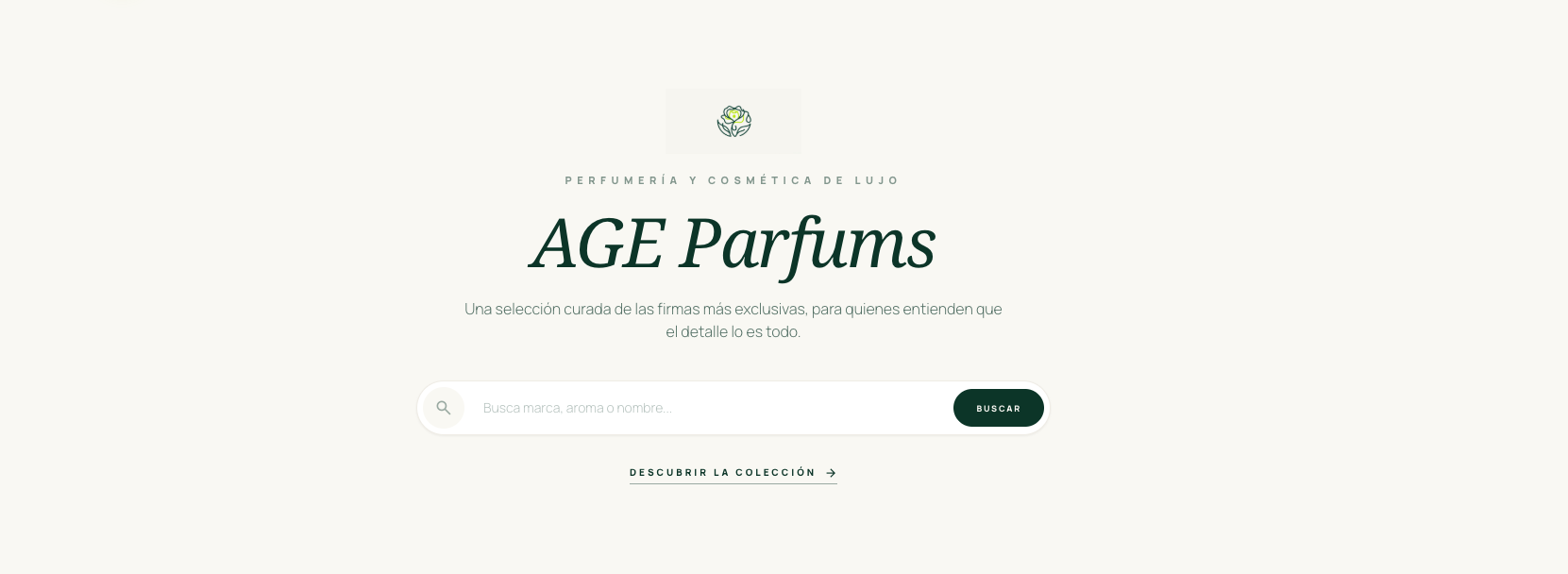 Página de inicio de AGE Parfums, con buscador de catálogo y acceso a la colección
