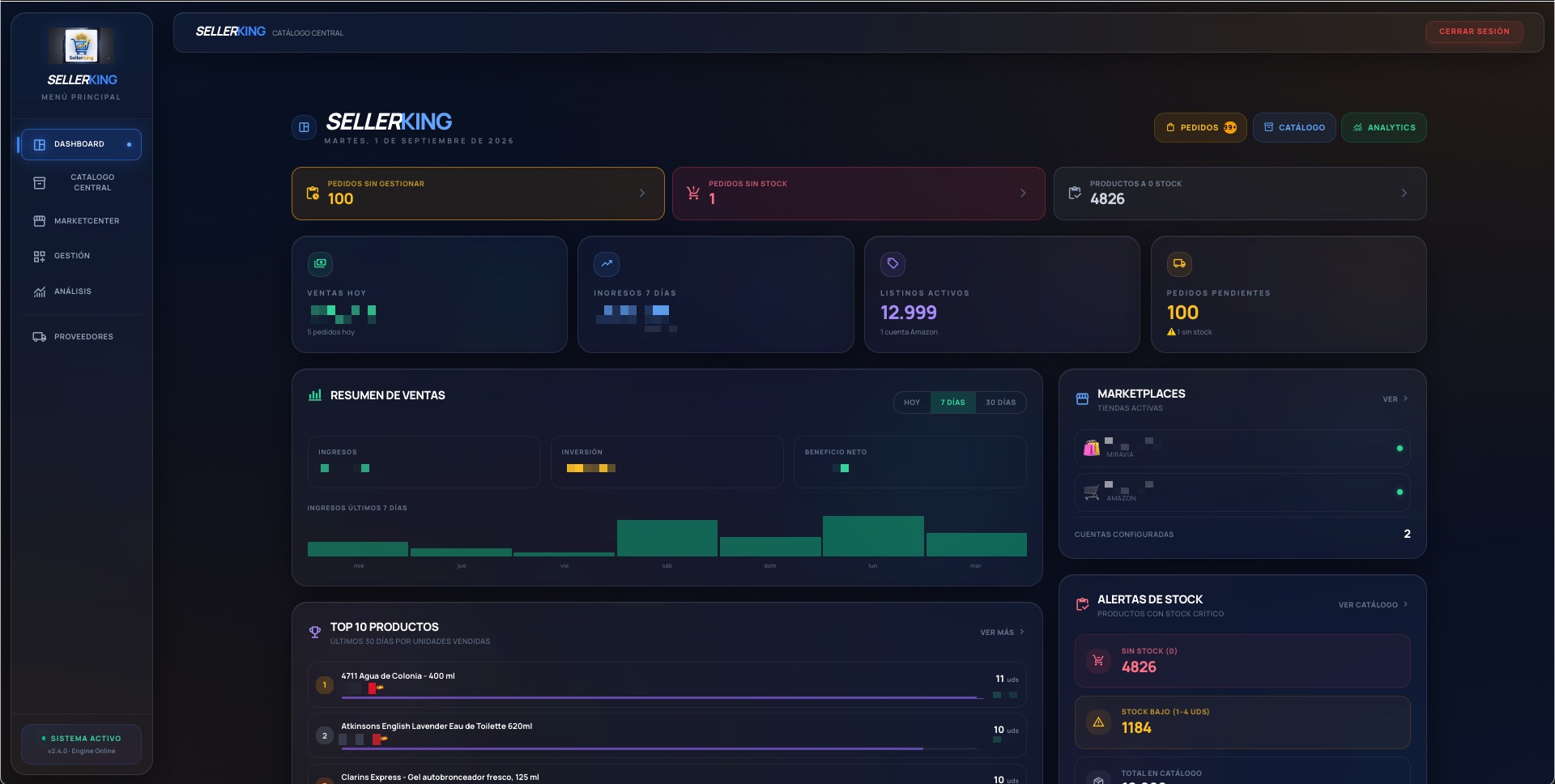 Panel principal de SellerKing con métricas de ventas, resumen de ingresos por día y alertas de stock