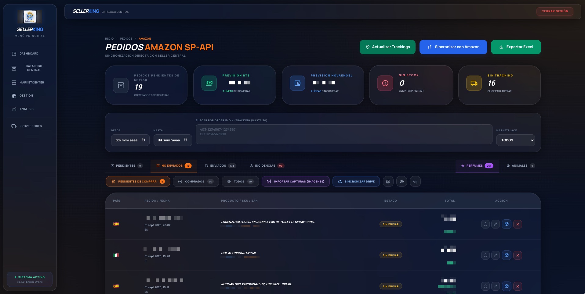 Listado de pedidos de Amazon sincronizados por SP-API, con estados, países y acciones por pedido